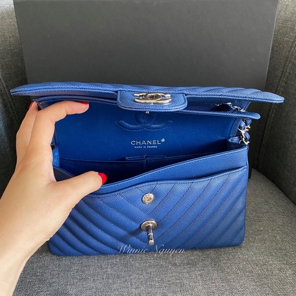 Like New Blue Chevron Small double flap in SHW - Picture 12 of 16